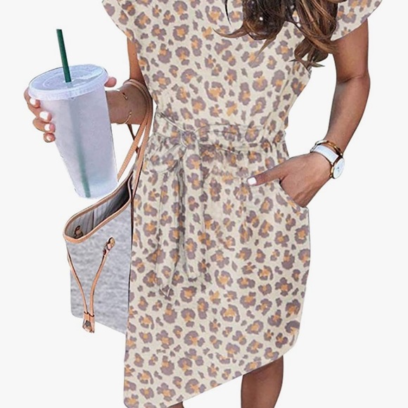 Women's Summer Striped Short Sleeve T Shirt Dress Casual Tie Waist with Pockets - Picture 2 of 5